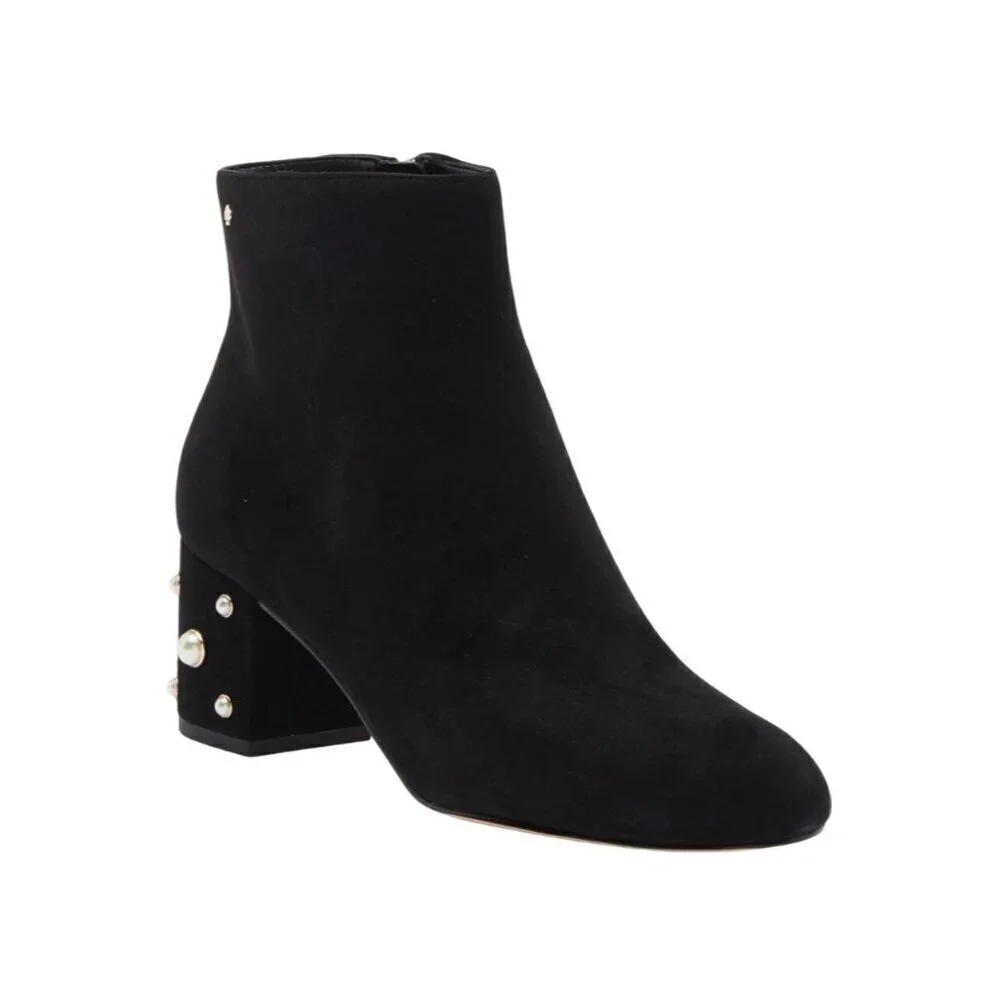 Kate Spade Womens Black Suede Faux Pearl Block Heel Ankle Bootie Sz 8.5 New